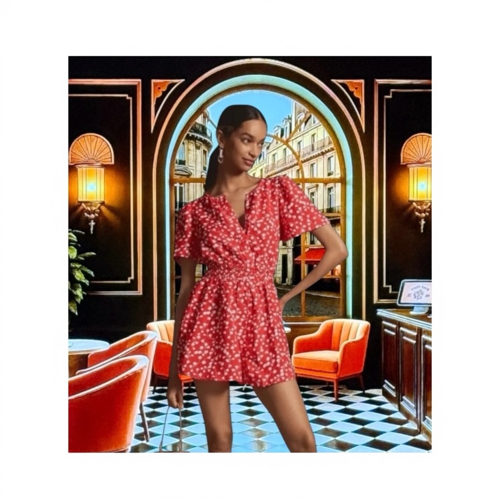 Anthropologie ⚘ Somerset Flutter Sleeve Romper ⚘ Red White Floral Linen ⚘ XS ⚘